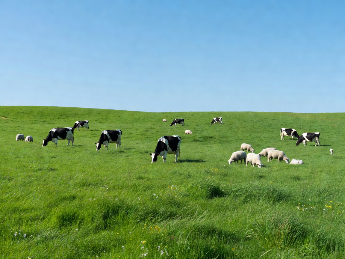 Lush green pasture with livestock grazing under open sky