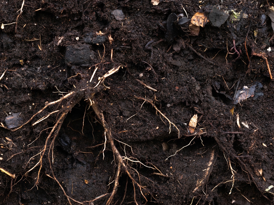 Rich dark soil rich in organic matter supporting root growth